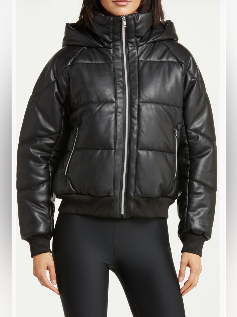Alo BOSS Black Faux leather Bomber Hooded Jacket New $350 MEDIUM